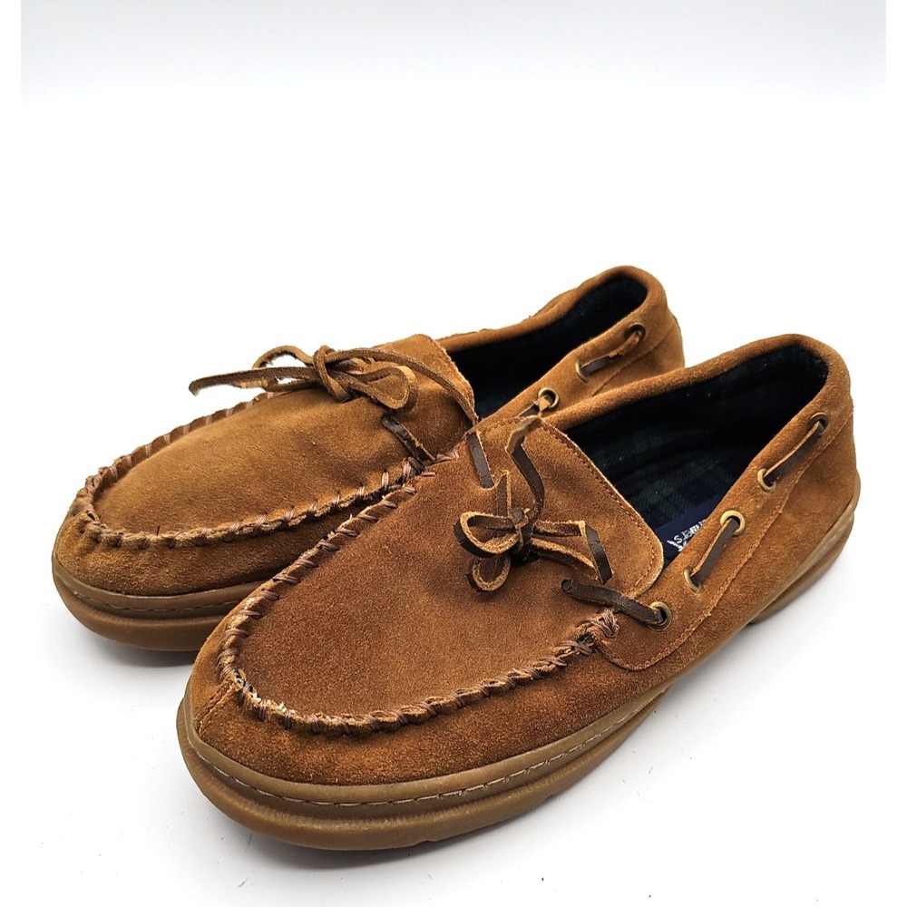 Footwarmers Mens Brown Suede Moccasin Slippers Plaid Lined Size 6